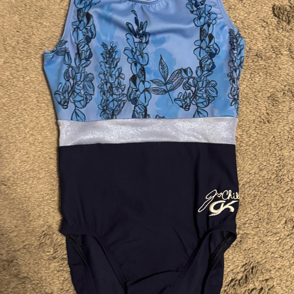 GK Light Blue and Black Floral gymnastics leotard